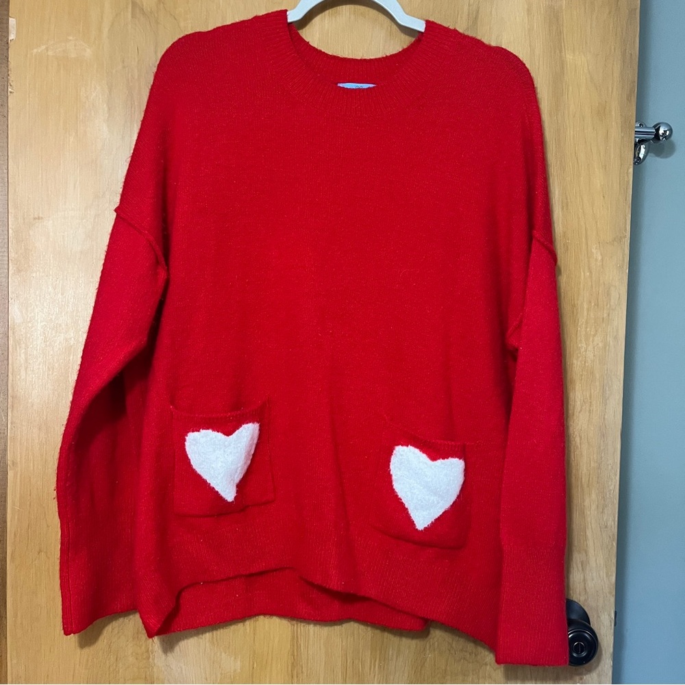 CeCe Red Crewneck Sweater with White Heart Pockets